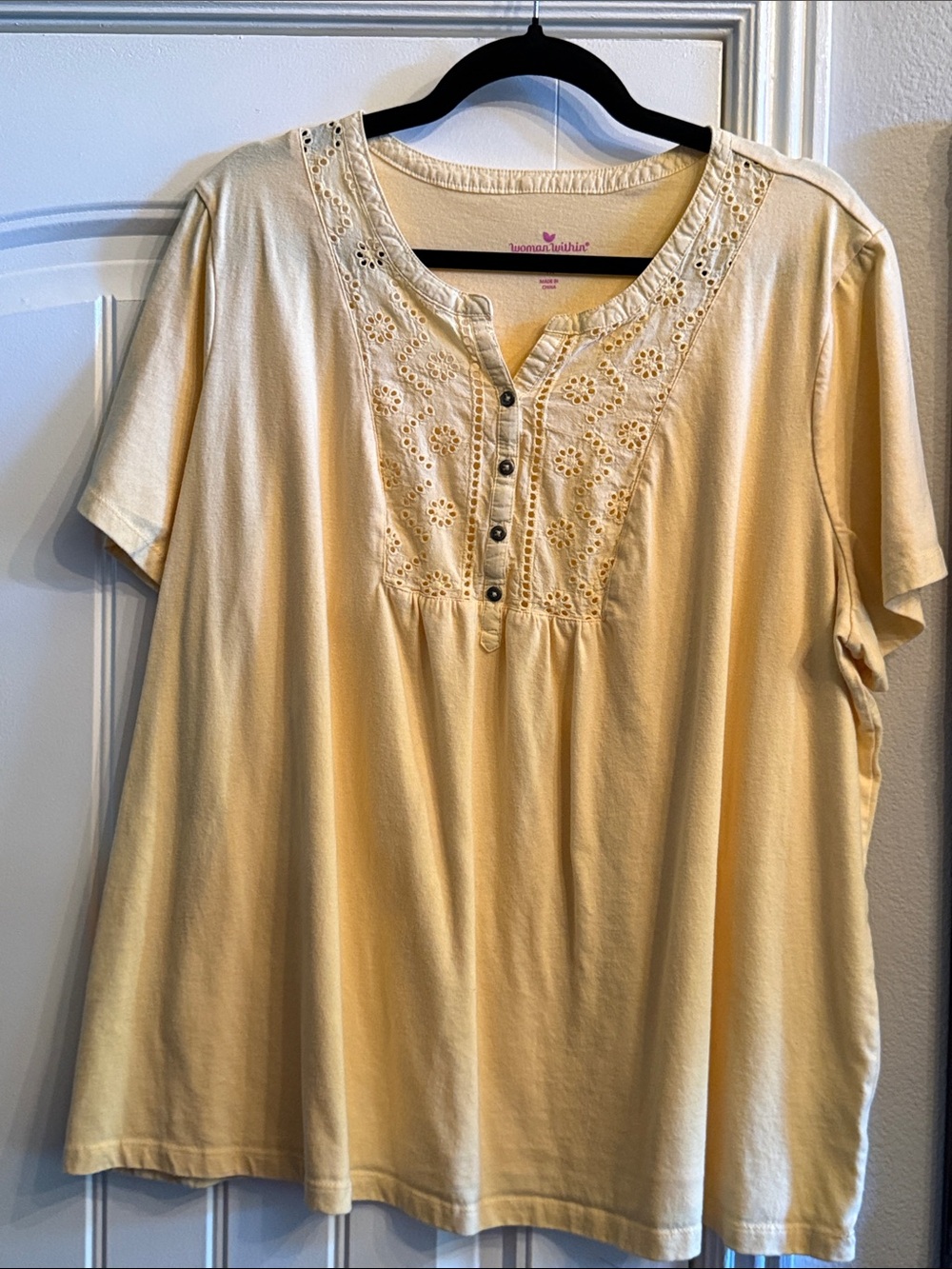 Woman Within Cream Short Sleeve Eyelet Henley Top - Light Cream